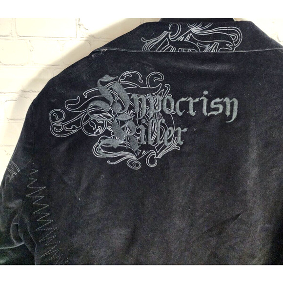 ROAR VELVET Blazer Jacket Mens Sz L Black Graphic Print Two Button Elbow Patch - Picture 5 of 5